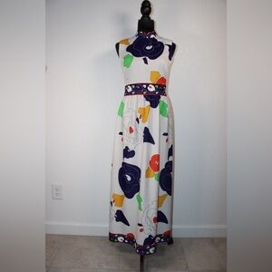 Vintage 70s Ricano Mod Maxi Dress | Sleeveless High Neck | Bold Floral Print | S